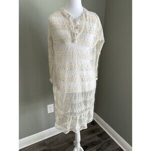 POL Lace Embroidered Beige Sheer Button Tunic midi Dress Duster‎ S
